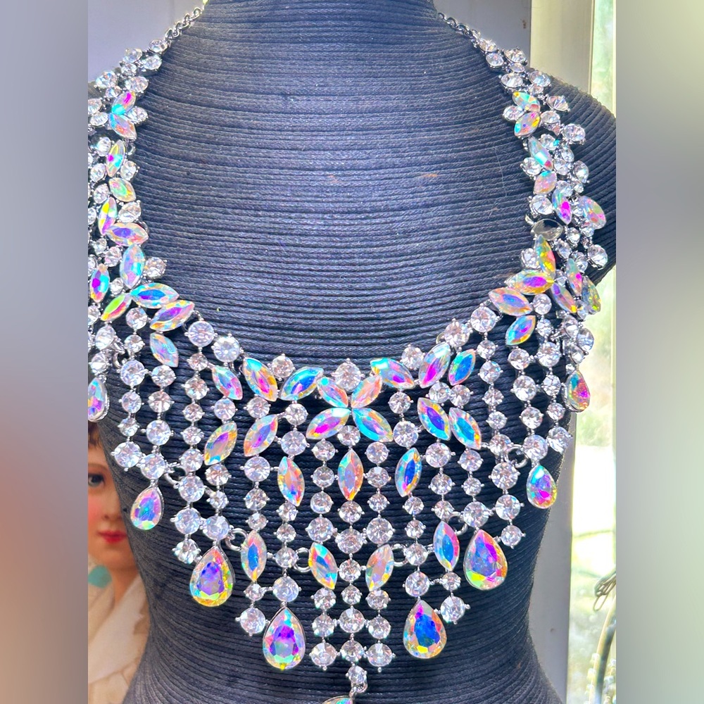 Crystal Statement Necklace with Iridescent Teardrops - Women Jewelry